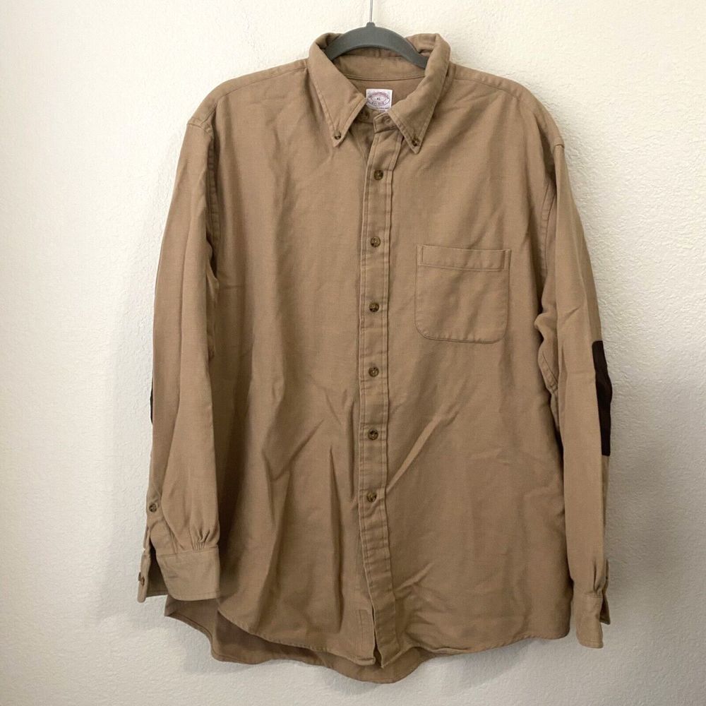 Brooks Brothers Shirt Mens Size XL Regular Fit Flannel Wool Blend Elbow Patch